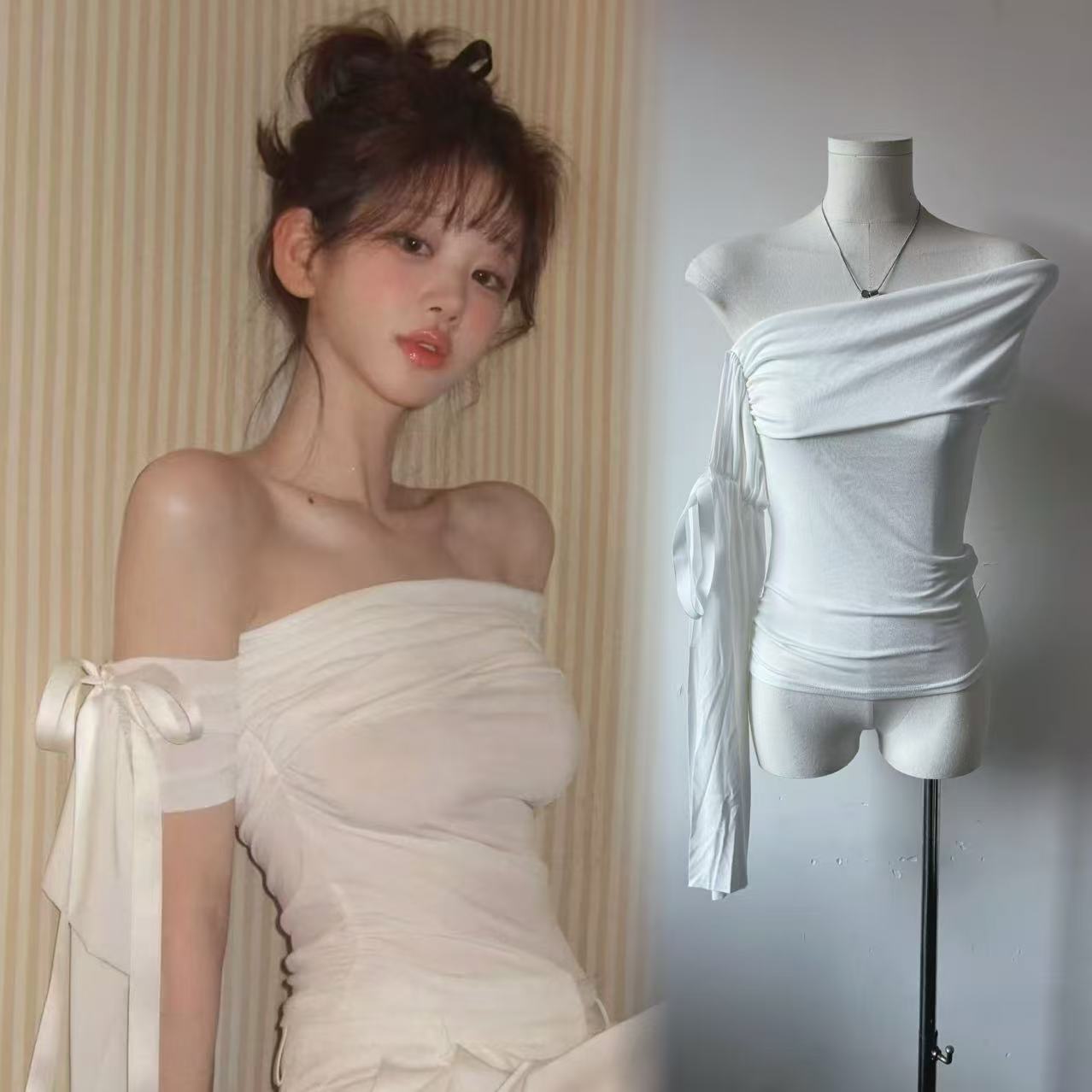 Thetis same 25 spring and summer new style sweet and slim one-shoulder off-shoulder short-sleeved T-shirt top for women