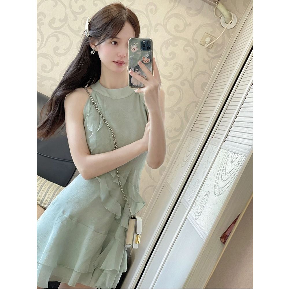 Summer dopamine beach vacation beach skirt internet celebrity French platycodon ruffled neck dress for women
