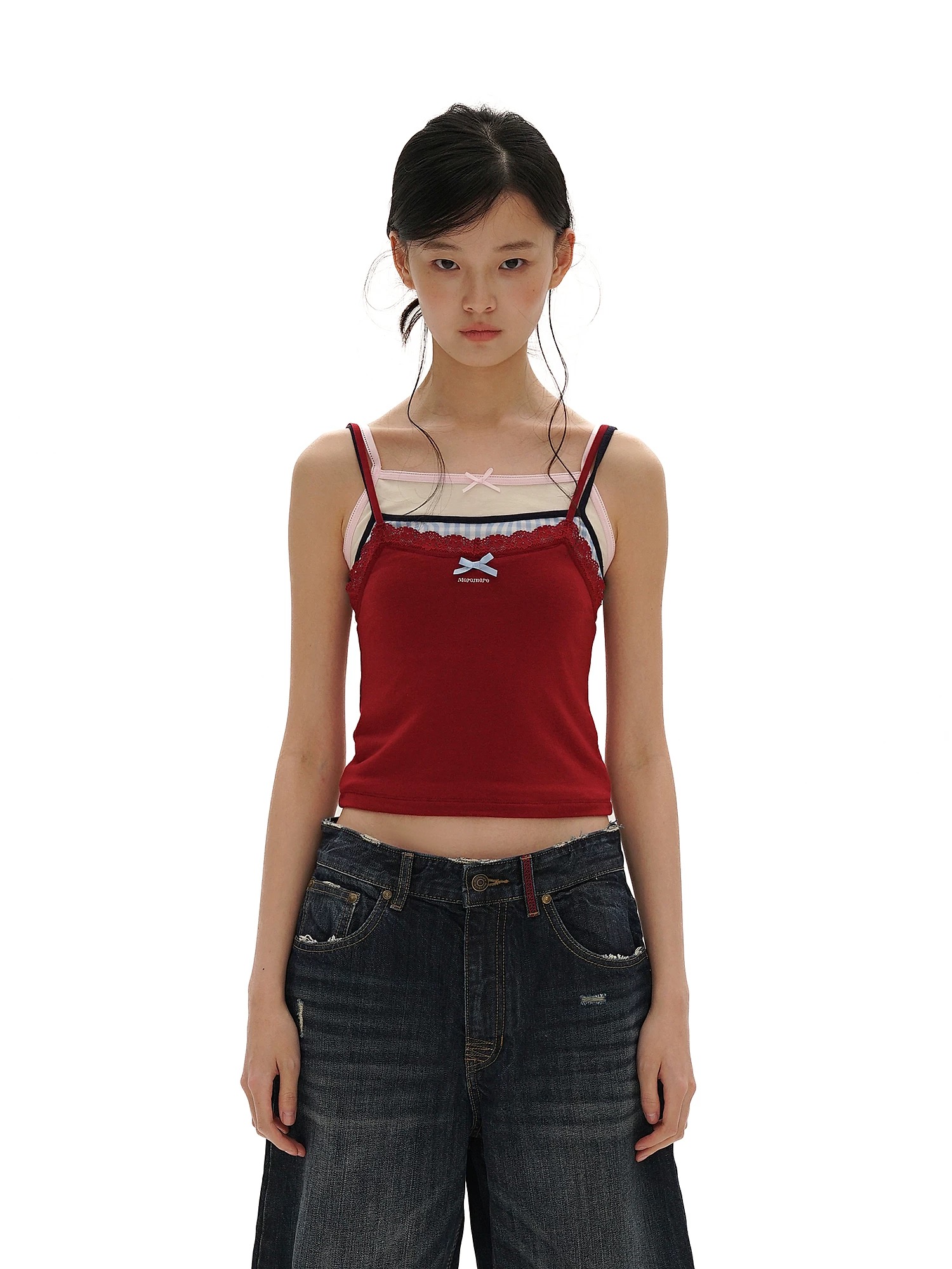 25SS show same Moromoro fake three-piece layered lace lace texture suspender vest for women