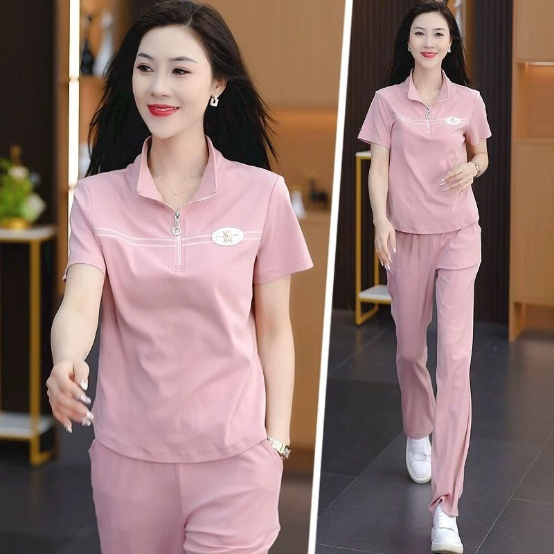 Casual sports suit for women 2025 new fashionable stand collar short-sleeved mother summer suit slimming two-piece set