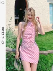 Pink plaid bow halter neck dress for women in summer pure hot girl irregular short skirt waistband hip skirt