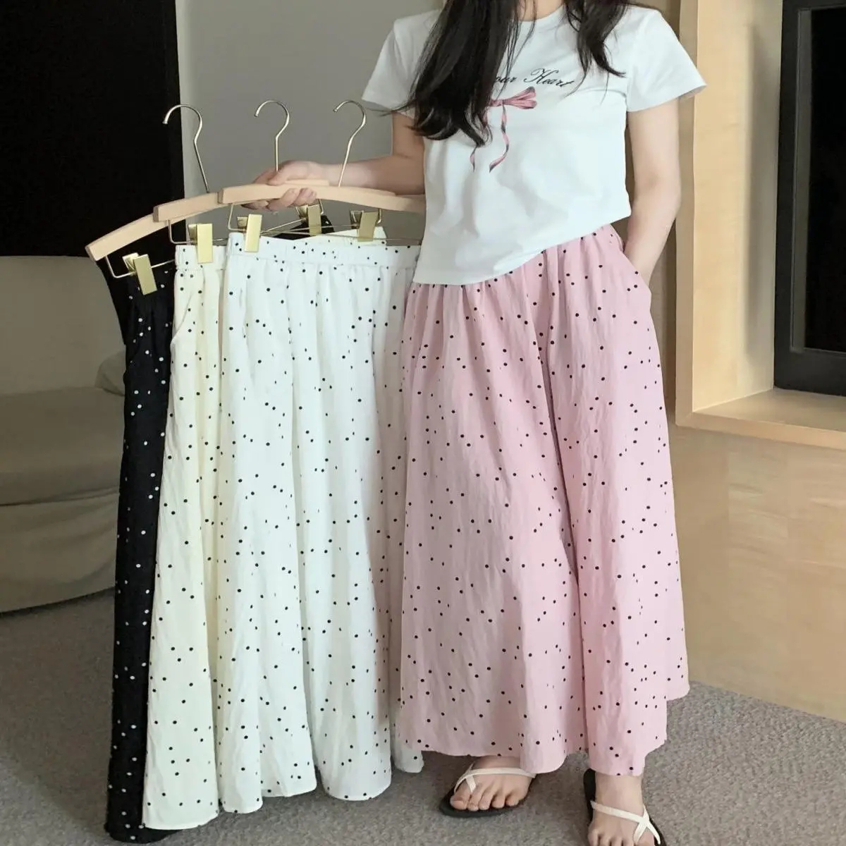 Polka dot skirt for women summer new Chinese style elastic hips covering slimming A-line skirt long skirt big hem skirt