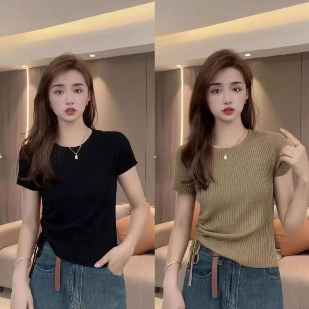 Drawstring ice silk sweater for women in summer 2025 new short-sleeved slim fit slim and age-reducing short style style waist top