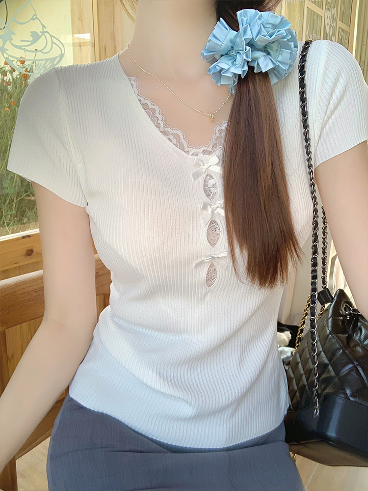 Sweet lace lace front shoulder short-sleeved T-shirt for women in summer 2025 new slim knitted top