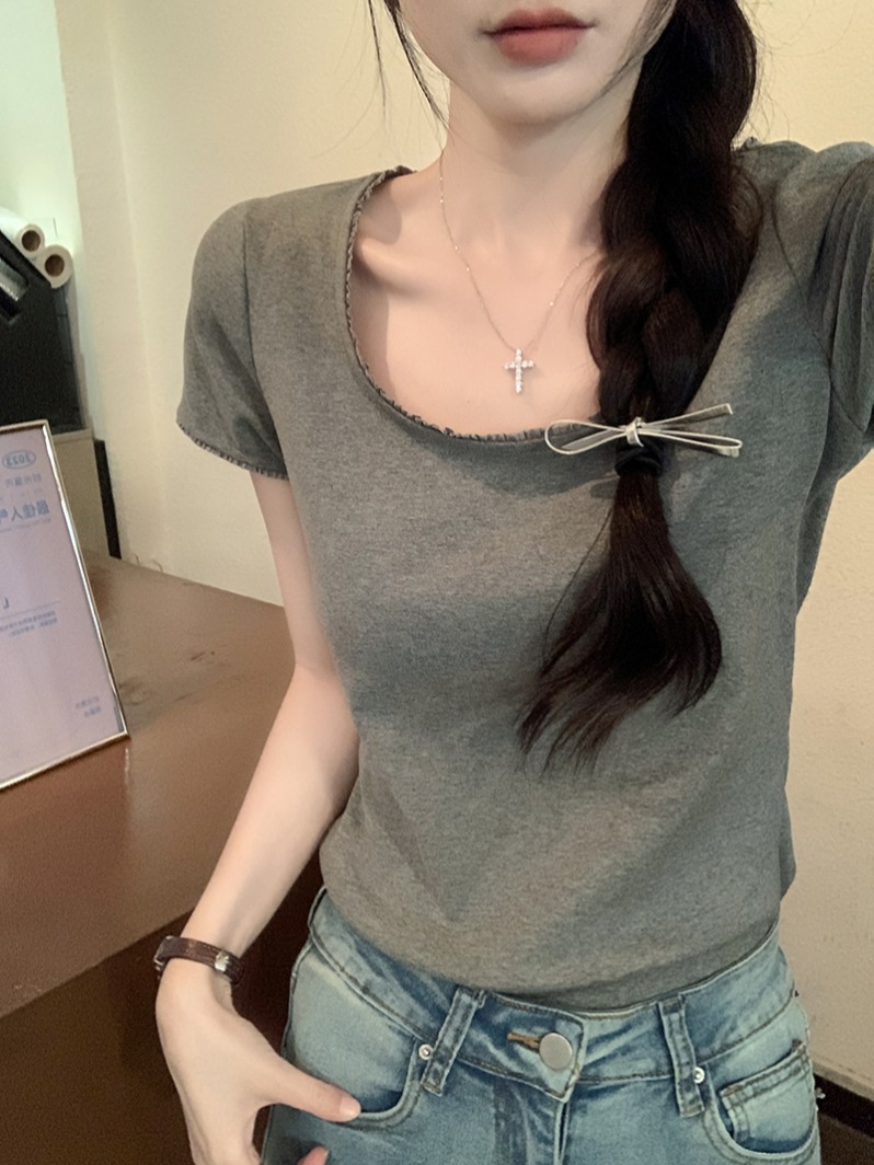 Real shot 1*1 thread 210g short-sleeved T-shirt 2025 summer slim short trendy shoulder round neck solid color women's top