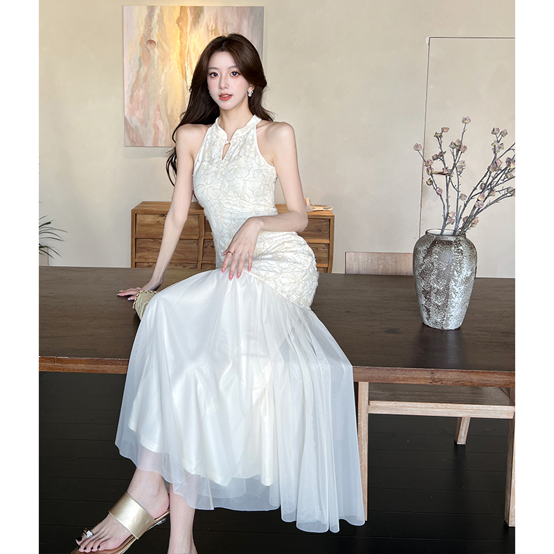 Real shot of new Chinese style fairy skirt temperament jacquard cheongsam women's halter neck dress fishtail long skirt dress