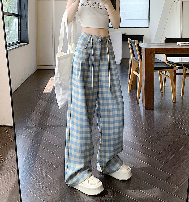 Real shot of blue plaid wide-leg pants for women in summer new high-waist loose straight-leg casual pants