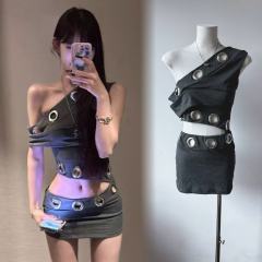 Black and destined Miekevv Future Warrior Gray Skirt with Off Shoulder Dress Hot Girl Design Short Hollow Hip Skirt