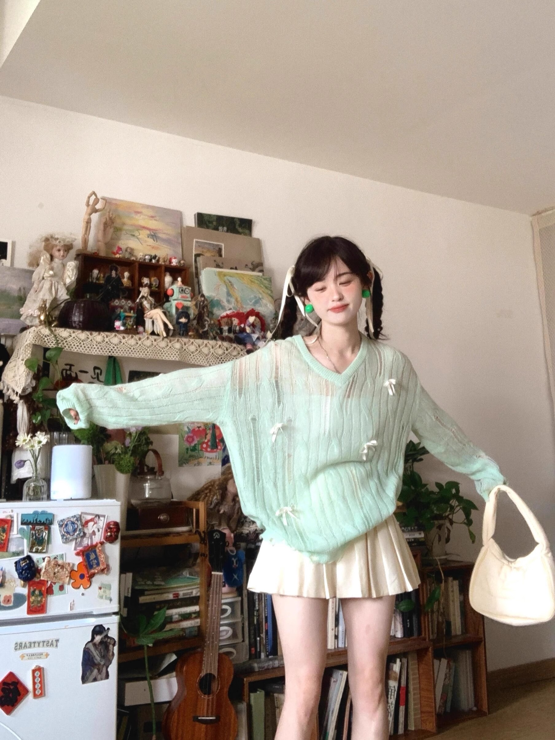 Thin green hollow sunscreen blouse spring and summer women's loose lazy style niche bow knit top