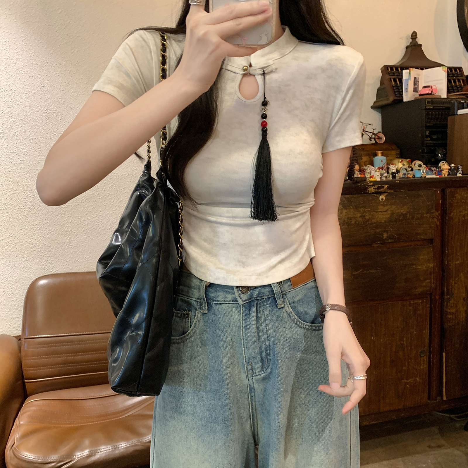 Real shot of new Chinese style 1*1 thread 210g short-sleeved T-shirt 2025 summer slim short front shoulder round neck Korean women's clothing