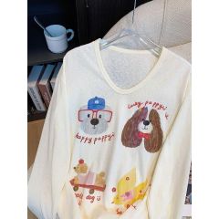 140 grams of bamboo ribs, borer cloth ~ cartoon printed u-neck loose slim appearance with long sleeves slim versatile T-shirt