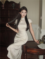 實拍~新中式國風改良版復古蝴蝶收腰旗袍白色連衣裙女夏