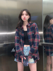 National trend brand American retro striped plaid shirt jacket for women ins trend 2025 new autumn loose top