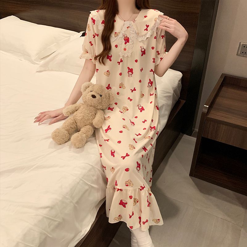 Summer imitation cotton round neck lace lace short-sleeved nightgown female princess style sweet home clothes skirt