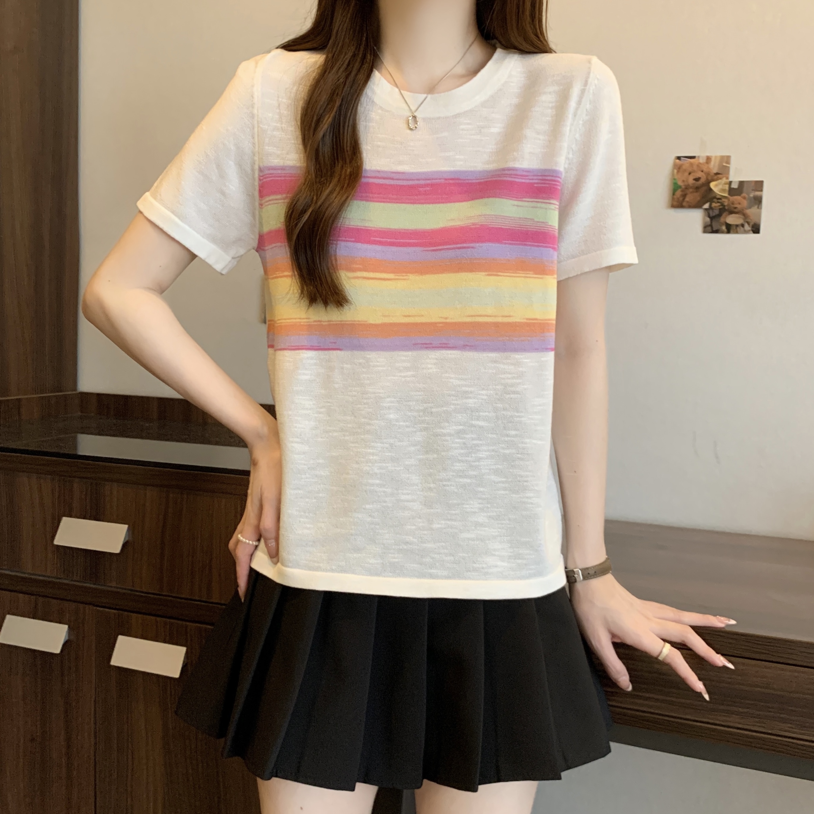 Real shot~ Large size fat MM simple and versatile round neck rainbow slim and loose-fitting flesh-covering sweater T-shirt top