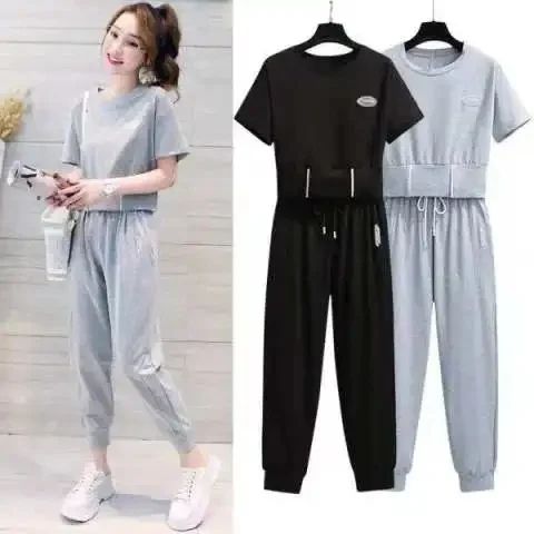 2025 summer new short-sleeved sports and casual suit for women short loose T-shirt nine-point pants two-piece set