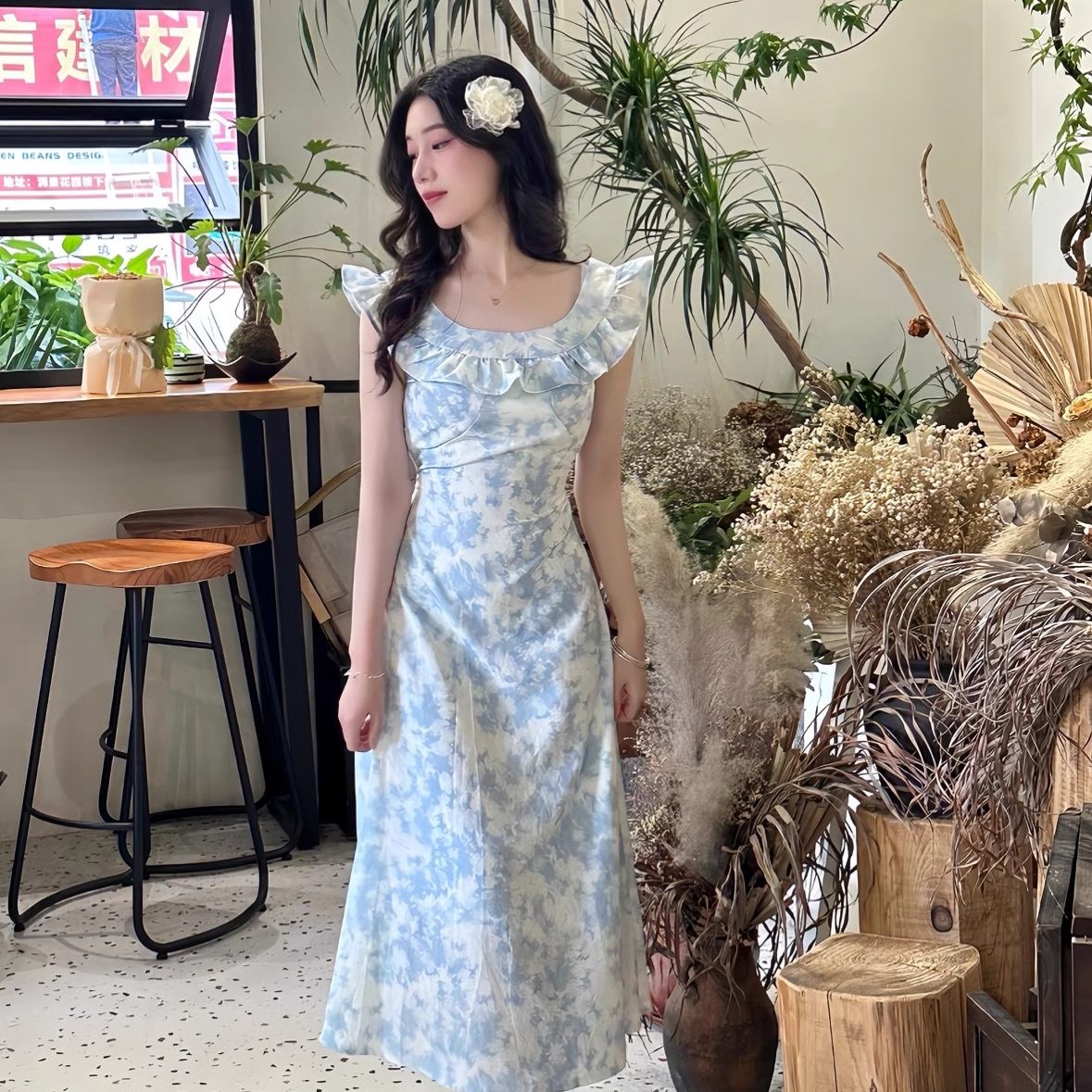 New summer small flying sleeve dress for women blue square collar 2025 small lace collar waistband strap simple trendy