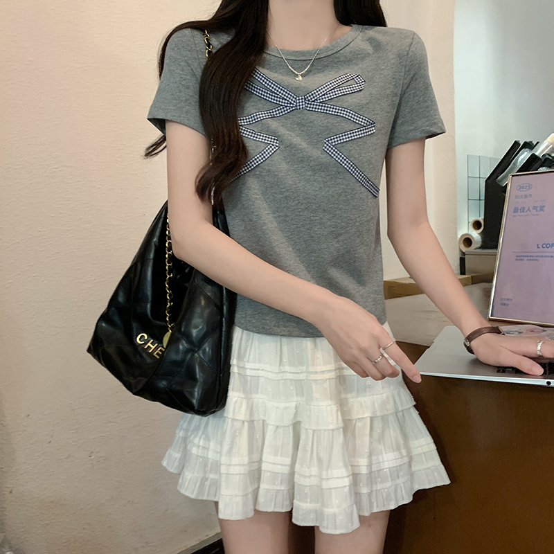 Real shot 1*1 thread 210g short-sleeved T-shirt summer 2025 trendy embroidered front shoulder slim short round neck top for women