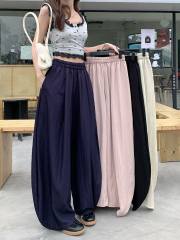 Real photo of lazy casual pants for women's design solid color elastic waist pants for slimming wide-leg pants drooping floor pants