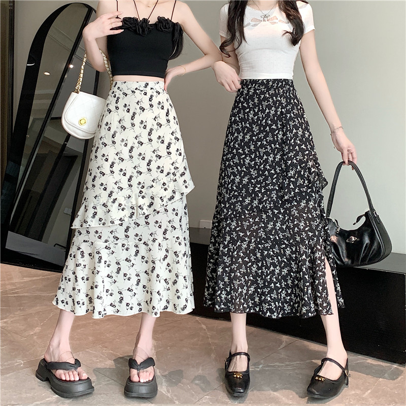 Spring and summer skirt floral skirt high waist slim splicing cake skirt versatile mid-length skirt