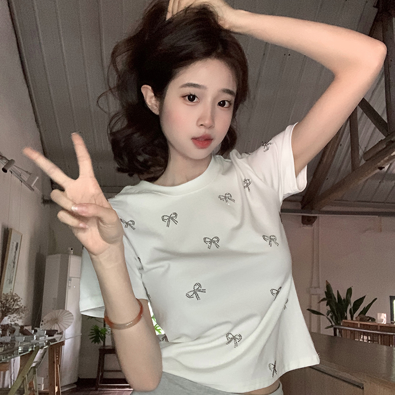 Real shot 1*1 thread 210g short-sleeved T-shirt summer 2025 trendy embroidered front shoulder slim short round neck top for women