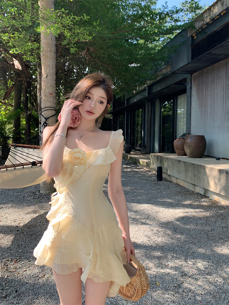 Real shot~ Irregular yellow chiffon suspender dress for vacation for women in summer dopamine summer beautiful short skirt