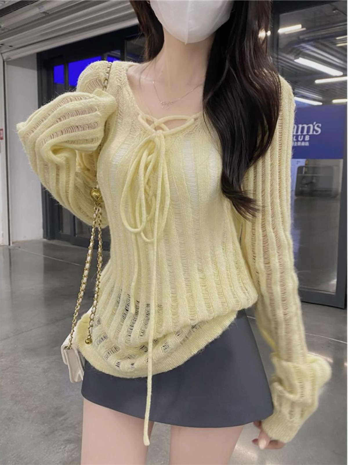 Hollow strap sweater for women 2025 spring new style design style fashionable loose versatile casual long-sleeved top trendy