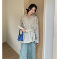 Real shot of unique design lace-up waist-hugging casual striped shirt with female temperament versatile drooping top Korean