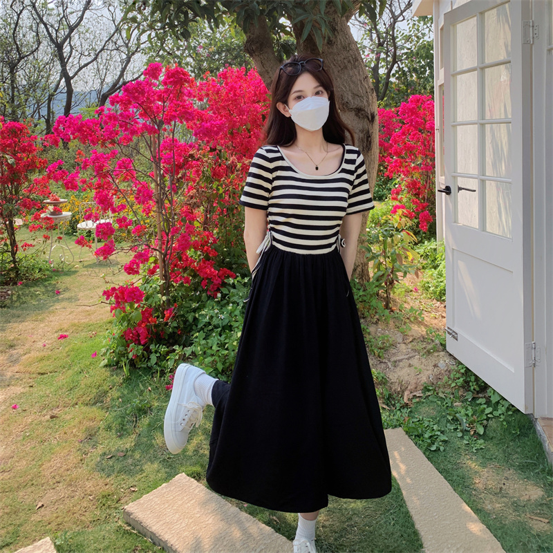 Real shot-2025 large-size women's summer new fat MM Korean style fashionable knitted striped splicing dress
