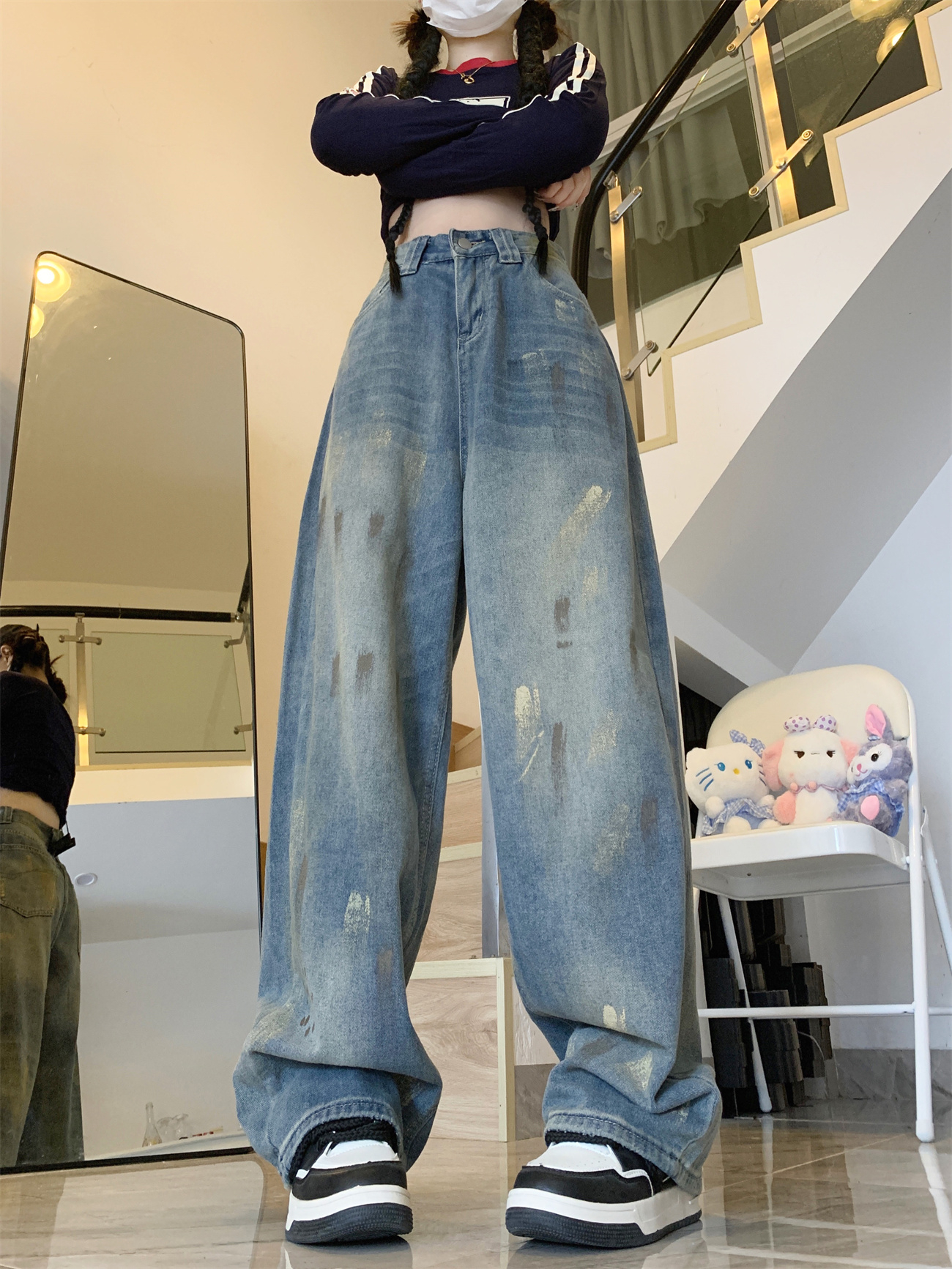 Real photo of retro jeans for women's thin washing yellow mud dyed trousers American high street vibe wide-leg pants