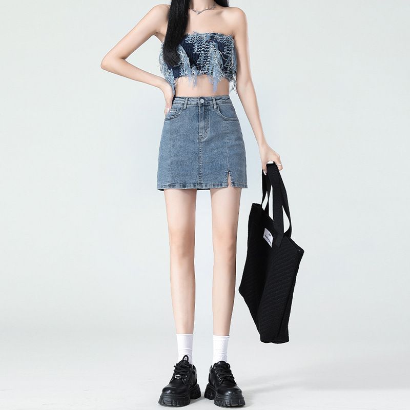 High-waist denim short skirt for women in summer new style slit design elastic slim and versatile anti-exposure hip-cover skirt