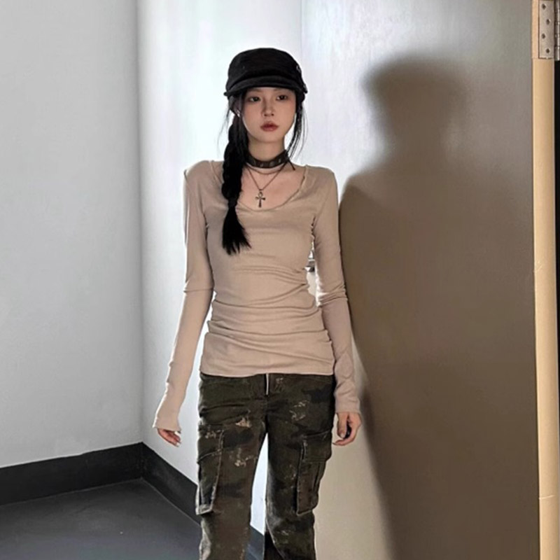 Official picture design sense cross contrasting color splicing versatile tops spring and autumn slimming inner bottoming shirt women's T-shirt