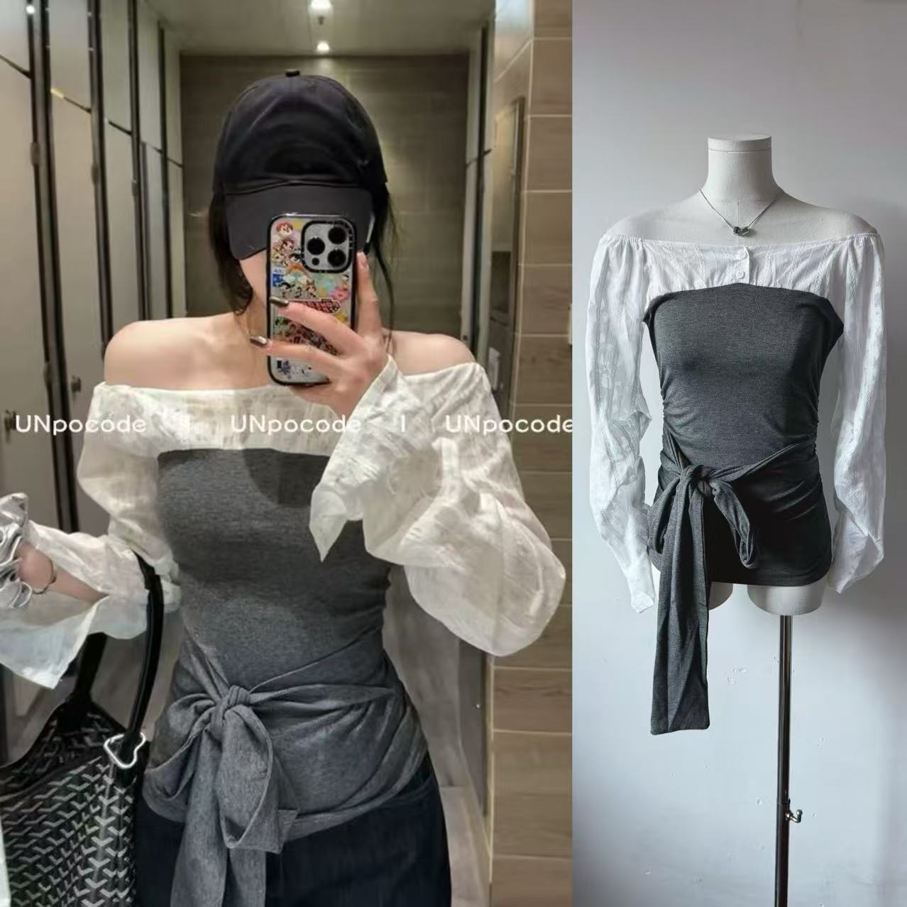 UNpocode 25/ss Temperament fake two-piece one-shoulder slim body dress Korean style splicing long-sleeved T-shirt for women