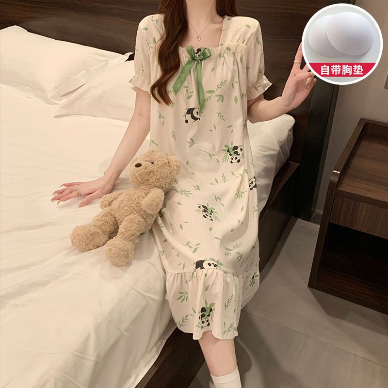 Summer cloud cotton with chest pad one-shoulder short-sleeved nightgown ladies princess style home clothes