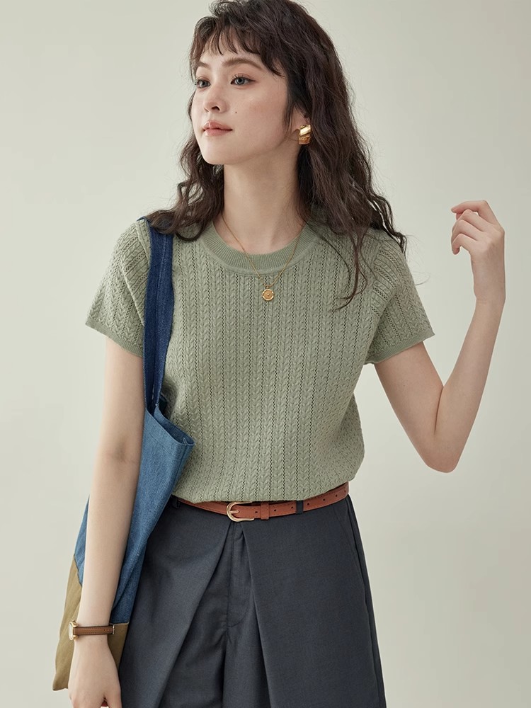Mint Mambo green round neck sweater T-shirt for women's summer thin hollow short-sleeved top
