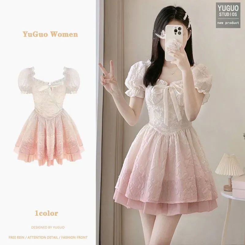 2025 Sweet Gradient Princess Puffy Dress Summer French Small Man Tightening Waist Slim and Pure