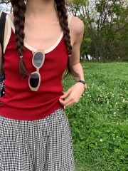 Knitted suspender vest for women in summer elastic splicing sweet and spicy basic contrasting color U-neck slim pure erotic top