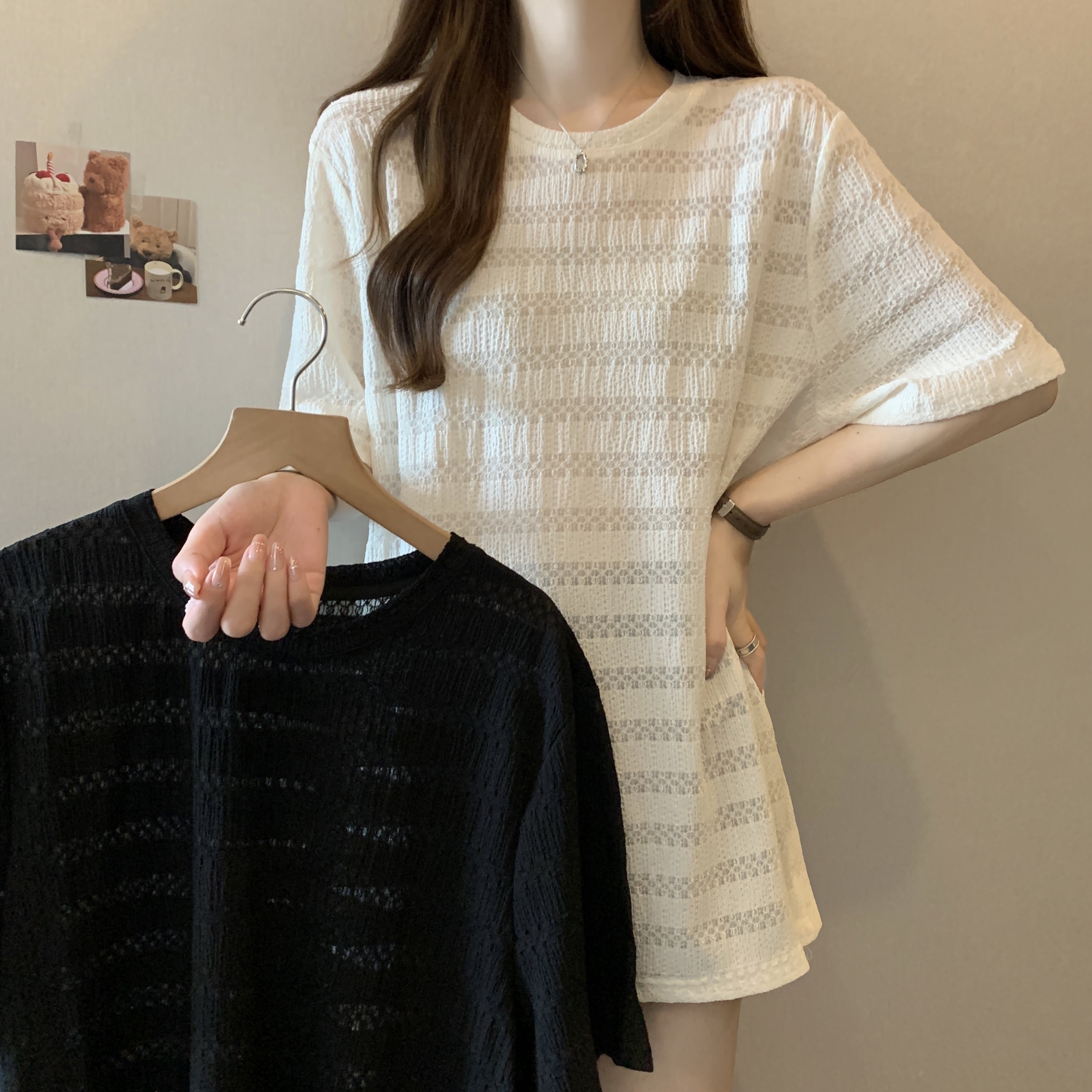 Real shot~ Large size women's summer thin fat mm slimming women's texture cool breathable T-shirt top