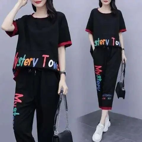 Fat sister slim and fashionable casual suit for women new fat mm large size women's summer two-piece set new mother's suit