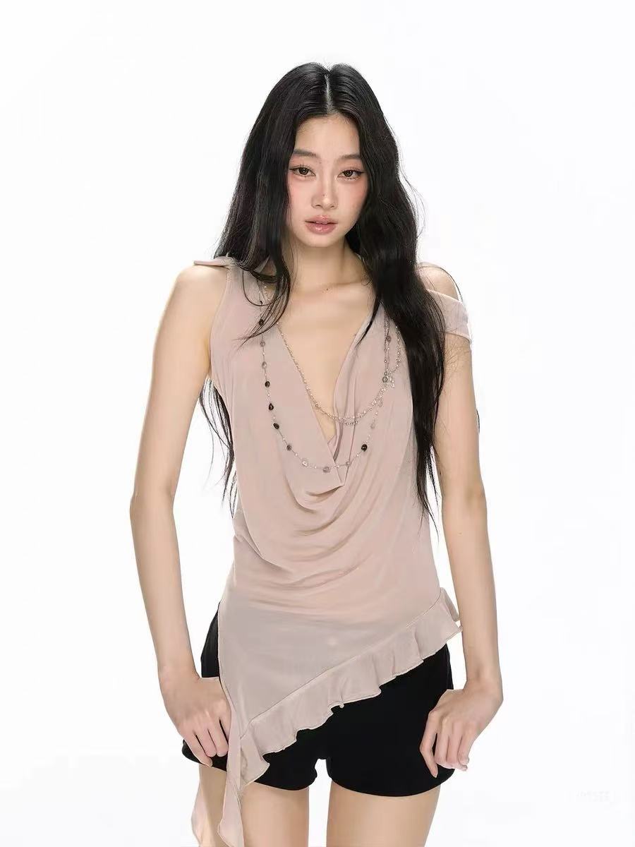 RedBling original design new sexy pure halter neck mesh sleeveless neck collar backless high-end vest