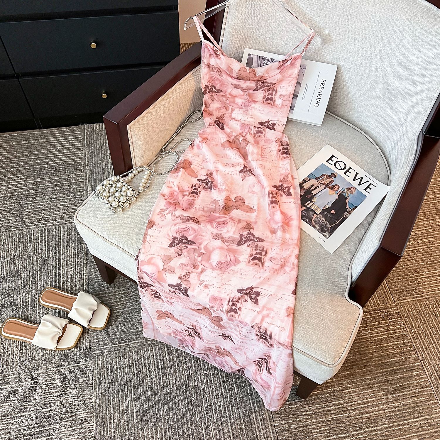 Butterfly sexy suspender dress for women in summer waist-retracted back-length straps hip skirt mesh pure long skirt