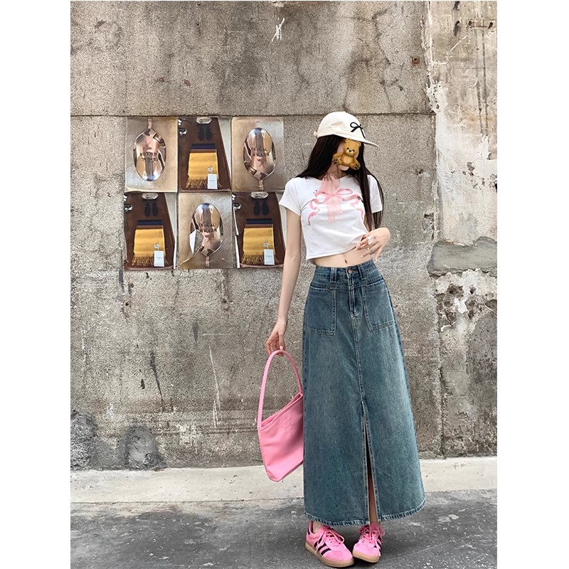 High-waisted slit denim skirt for women in 2025 summer new pocket design hip-packing slim A-line skirt KX