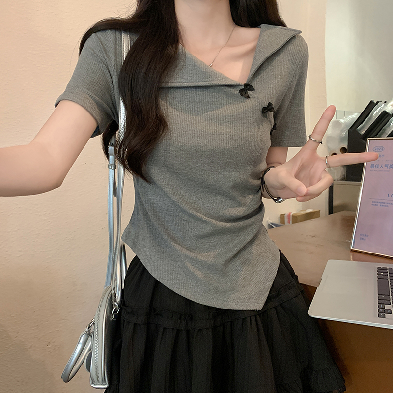 Real shot of 300g French pit strip short-sleeved T-shirt 2025 summer short irregular shoulder slim lapel solid color top