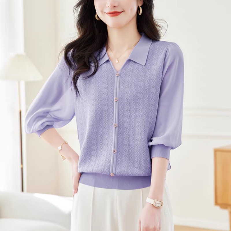 Lapel sweater spring and summer women's high-end shirt high-end temperament and fashionable ice silk 7-quarter sleeve mid-sleeved top thin style
