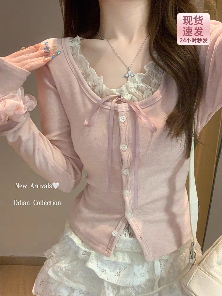 Modal cotton 260g fake two-piece pink lace spliced ​​long-sleeved T-shirt for women pure horny inner top