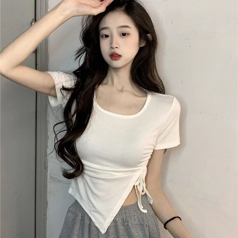Square collar straight shoulder short-sleeved T-shirt for women in women's summer new slim and versatile drawstring irregular short hot girl top for women