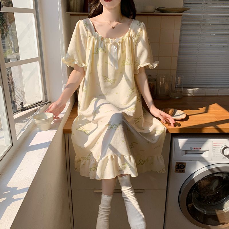 Summer cloud cotton with chest pad one-shoulder short-sleeved nightgown women's home clothes Korean style skirt