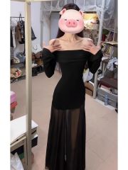 French black one-shoulder mesh long-sleeved dress for women in early autumn, small slim sexy hip-packing skirt