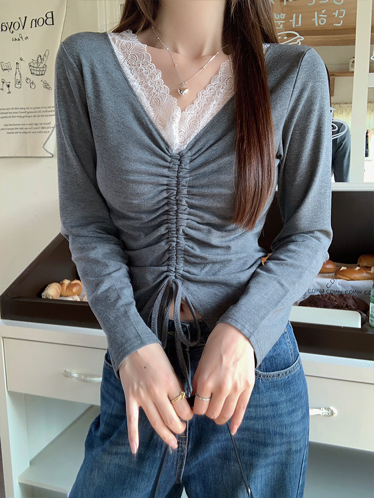 Drawstring design lace V-neck long-sleeved T-shirt for women's spring high-end base shirt slim short top