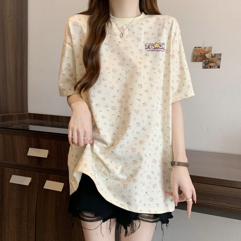 Real shot 21 pure cotton high-tight 200 short-sleeved T-shirts for women, printed foam, long style